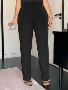 Dazy Plus Solid Color Loose Straight Leg Casual Black Pants, All Season - Black - View 2