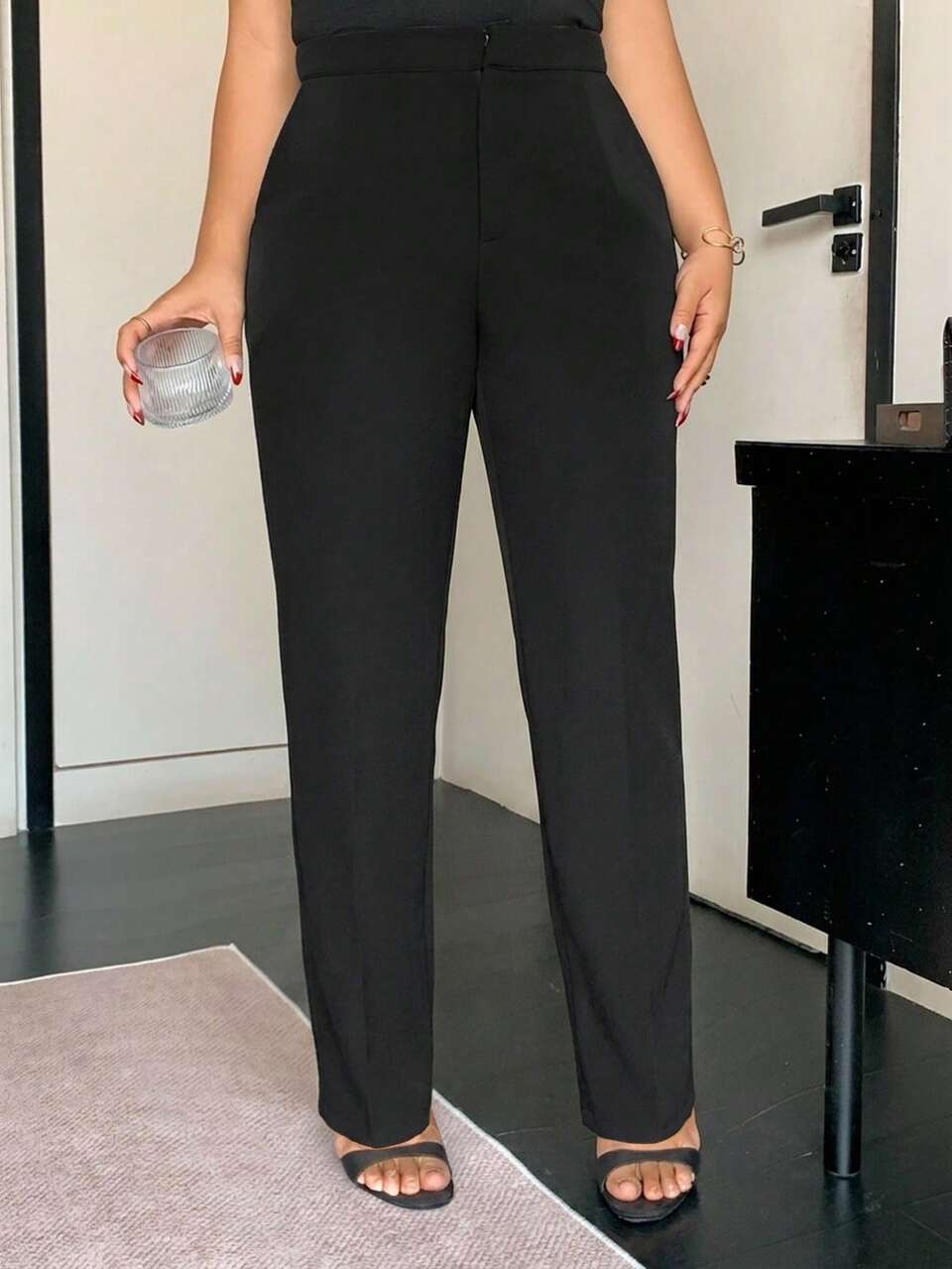 Dazy Plus Solid Color Loose Straight Leg Casual Black Pants, All Season