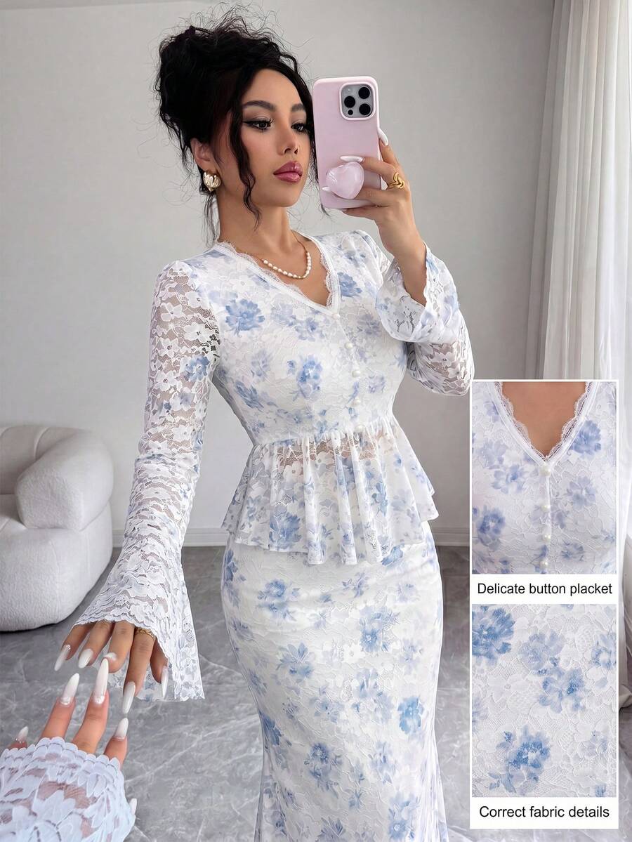 Modelyn V领优雅蕾丝收腰长袖荷叶边袖口鱼尾裙两件套女装;女士花卉蕾丝套装两件套;女士花卉蕾丝两件套;女士花卉两件套套装;女士花卉裤装两件套;蕾丝拼接上衣;荷叶边花卉蕾丝上衣和裙子 - 白色 - 查看 1