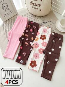4pcs Baby Girls Light Pink Dark Brown White Floral Autumn Casual Cute Nursery Back-To-School Leggings Set Retro Striped Bow Print Cotton Brunch - Multicolor - View 5