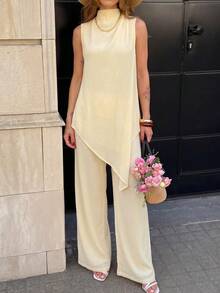 Firerie Bộ trang phục công sở thanh lịch dành cho nữ - Áo sơ mi satin trắng không tay cổ xếp ly dáng rộng vạt bất đối xứng và quần ống đứng thoải mái, bộ đồ duyên dáng, trang phục giáo viên. - Vàng nhạt - Xem 2