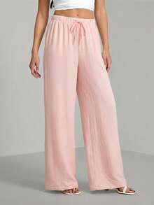 SHEIN Tall Pantalones sueltos con cintura de cordón en tela texturizada arrugada, para mujeres altas - Rosa Pálido - Ver 3