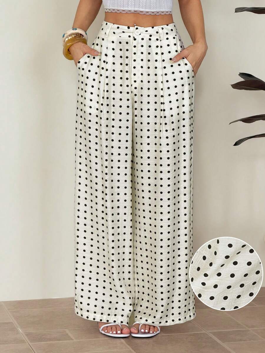 SHEIN PETITE Women's Spring/Summer New Polka Dot Wide Leg Pants With Slant Pockets