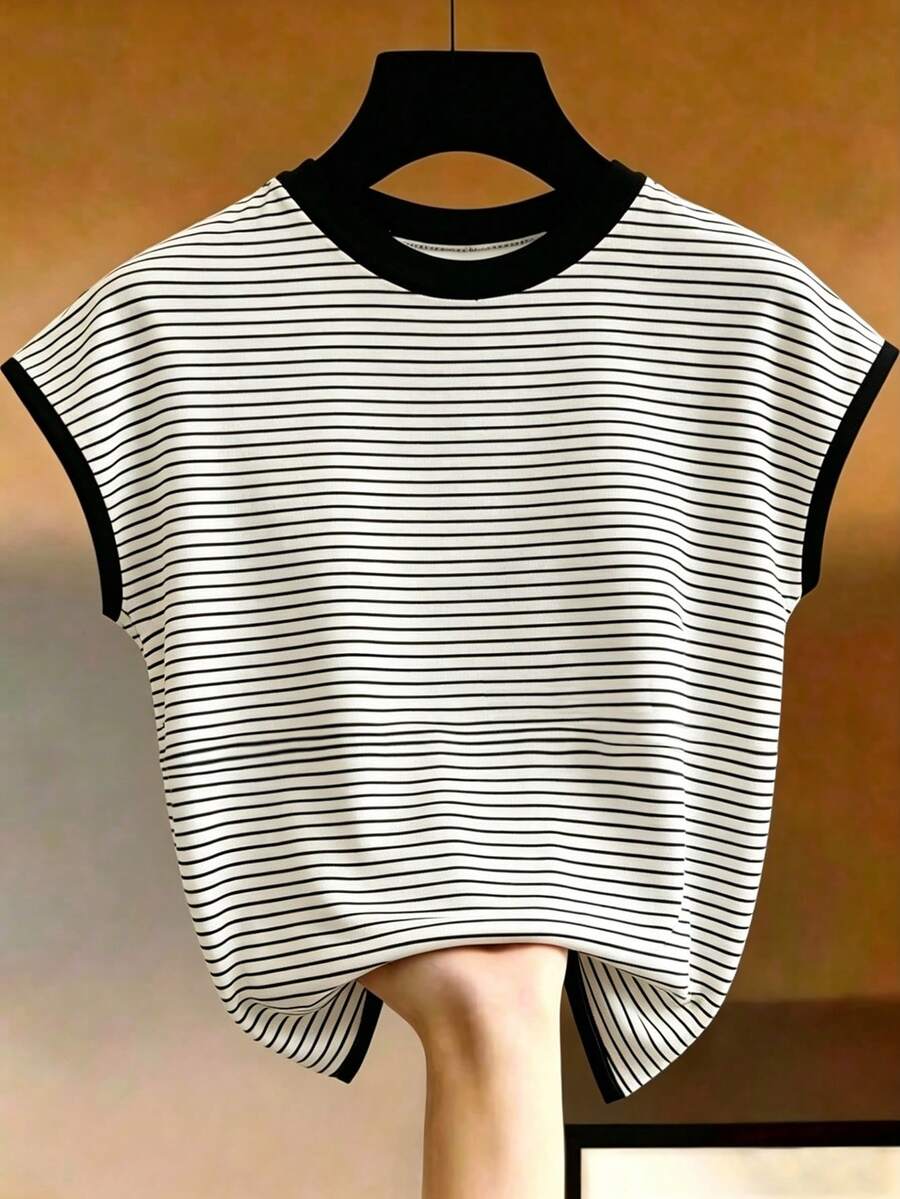 Franclia Áo thun nữ kiểu dáng tối giản, đa năng, bất đối xứng, cổ tròn, tay ngắn, kẻ sọc. - Xám - Xem 1