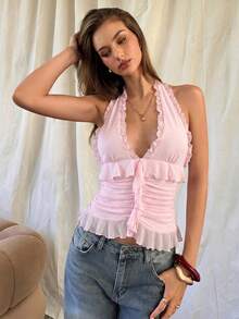 Aloruh Ruffle V-Neck Sleeveless Knit Tank Top, Solid Pink Color, Casual Commute Wear, Romantic Date & Holiday - Baby Pink - View 4