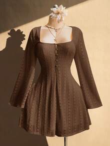 SHEIN ICON Plus Size Women's Square Neck Sexy Y2K Waist Flare Dress, Suitable For Spring And Autumn, Vacation - Brown - View 6