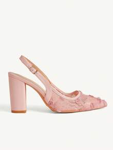 CUCCOO CHICEST Giày nữ mùa xuân hè mới, giày cao gót nữ thanh lịch, sang trọng, họa tiết hoa 3D, ren lưới, mũi nhọn, gót dày, giày cưới, giày dự tiệc, giày đi làm hàng ngày, giày quai ngang thấp đa năng cho nữ. - Màu hồng b - Xem 4