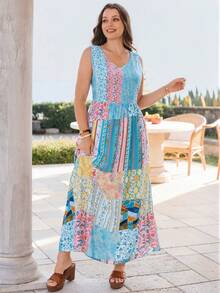 Rosumi Plus Size Women Patchwork Pattern Sleeveless Casual Dress Gym Brown Summer - Multicolor - View 2