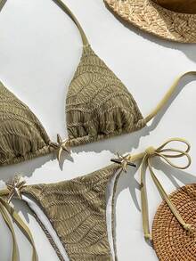 Swim Mod Women's Jacquard Fabric Halter Starfish Decor Bikini Set, Spring/Summer - Khaki - View 2