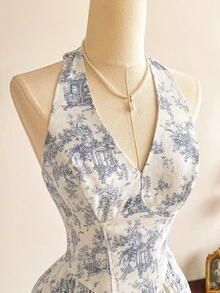 Vintamour 复古优雅女士连衣裙，露背领结，适合度假、夏季穿着，包括节日、派对、婚礼等场合。款式多样，包括婚礼宾客礼服、毕业礼服、舞会礼服、优雅仪式礼服、生日礼服、度假套装、正式礼服、碎花连衣裙和乡村风格连衣裙。 - 藍白色 - 查看 4