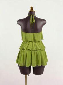 SaltGleam SaltGleam Women's Fashion Resort Ruffled Hem Halter Neck Tie Waist Dress - Green - View 2