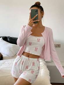 Livesso Bộ 3 món họa tiết gấu dễ thương: áo khoác dài tay, áo hai dây và quần pajama ngắn, đồ ngủ mùa hè cho nữ. - Hồng - Xem 5