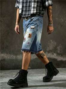 Manfinity EMRG Unisex Heavy Embroidered Patch Washed Denim Shorts - Blue - View 5