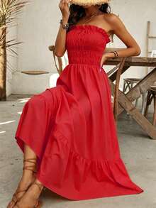 EMERY ROSE 女士休闲无肩带夏季度假连衣裙，简约荷叶边装饰，长款女装 - Fiery Red - 查看 5