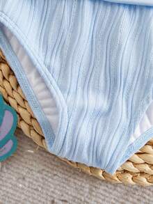 SHEIN Baby Girl One-Piece Swimsuit,Holiday Cute Polyester Swimwear For Young Girls,Fashionable White Ruffle Monokini With Seashell Frilled Bathing Suit - Blue - View 4