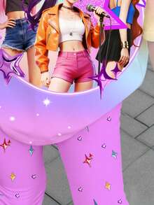 Cartoon Print Short Sleeve T-Shirt And Pants Casual Outfit For Young Girl - Multicolor - View 6
