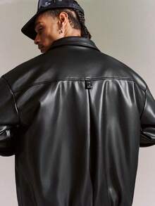 CRAVYNX Men's Solid Color Simple Daily Jacket, Going Out Street Wear Black Long Sleeve Motorcycle Jacket, For Friends, Husband, Boyfriend Gifts, For Fall Winter - Black - View 2