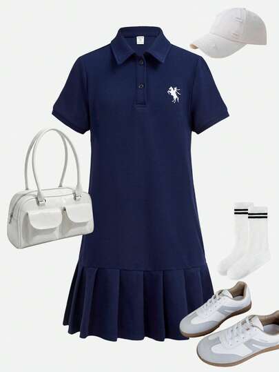 Girlism 少女海军蓝 Polo 领刺绣褶裥下摆连衣裙，休闲学院风连衣裙