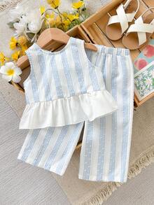 Cozy Pixies Baby Girl Blue & White Striped Ruffle Trim Bow Decor Casual Shirt And Loose Woven Wide Leg Pants Set - Multicolor - View 6