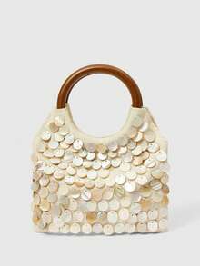 MUSERA Shell Embellished Canvas Wooden Handle Small Handbag Spring Summer Beach Swim Festival Vacation Cute Daily - raw white - View 3