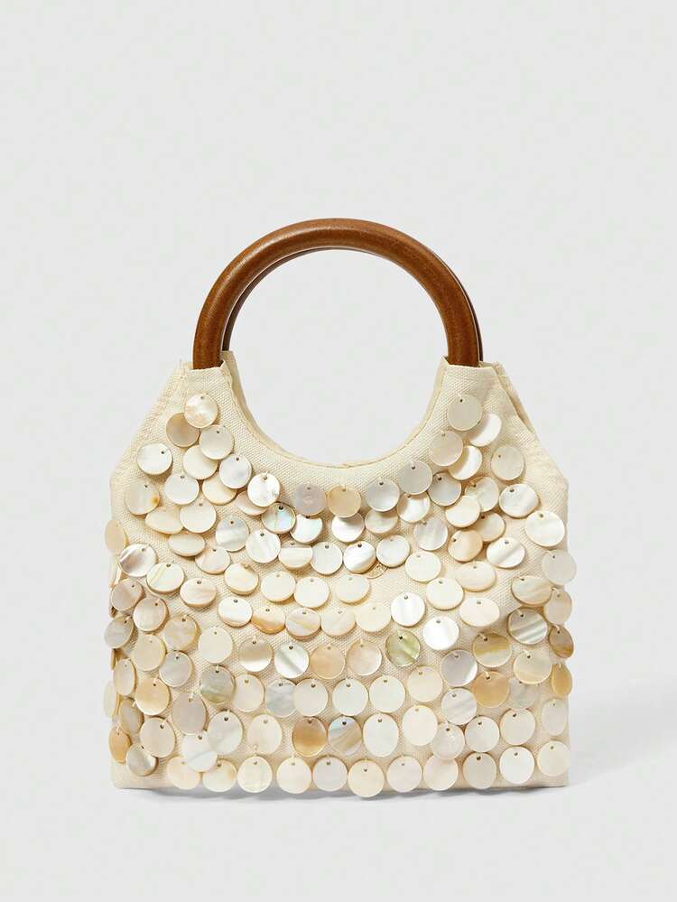 MUSERA Shell Embellished Canvas Wooden Handle Small Handbag Spring