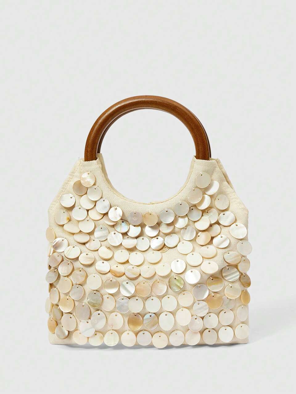Shell Embellished Canvas Wooden Handle Small Handbag Spring Summer Beach Swim Festival Vacation Cute Daily