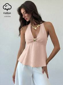 Aloruh Women's Linen Metal Decor Waist A-Line Shirt, Spring/Summer,Summer Top - Baby Pink - View 8