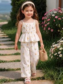 SHEIN Elladie kids Bộ 2 món dễ thương cho bé gái: áo hai dây và quần ống rộng, họa tiết hoa vàng, trang phục đi biển thường ngày. - Màu vàng - Xem 3