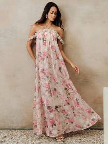 Anewsta Women's Elegant Spring/Summer Resort Dress, Flowy Off-Shoulder Lace Floral Patchwork Print Maxi Dress - Multicolor - View 4