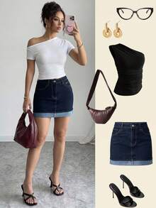 Elenzga Summer Casual Y2K Vintage Elegant Chic Pocket Decor Light Blue Denim Daily Wear Going Out Women's Mini Skirt - Blue - View 7