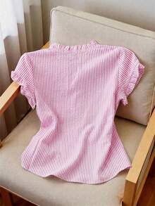Franclia Women's Striped Print Ruffle Front Button Casual Short Sleeve Shirt - Pink - View 2