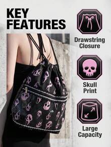 ROMWE Tas Serut Grimace Horor Y2K - Ransel Saku Bermotif Renda Warna Pink Gothic untuk Sekolah, Komuter, Halloween, dan Penggunaan Sehari-hari - Ringis merah muda - View 3