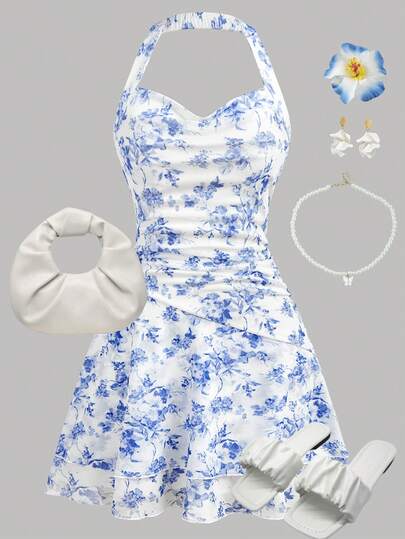 SHEIN Teen Girls Blue & White Floral Mesh Backless Knit Halter Waist Ruched Tiered Mini Dress, Suitable For Vacation, Holiday, Retro, Beach, Ocean, Elegant, Dress, Cute