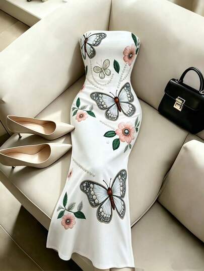 Elenzga Summer Strapless Waist-Cinching Bodycon Knit Dress With Butterfly & Pearl Holographic Digital Printing, White Placement Floral, French Chic Elegant Vacation Sexy Sleeveless Dress For Women
