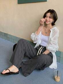 DAZY 女士新款宽松抽绳条纹阔腿休闲裤 - 黑色 - 查看 2