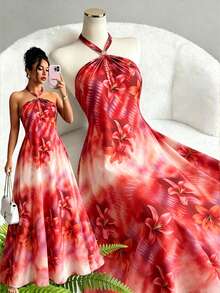 Rometta Plus Size Women Floral Print Casual Halter Neck Dress - Multicolor - View 3