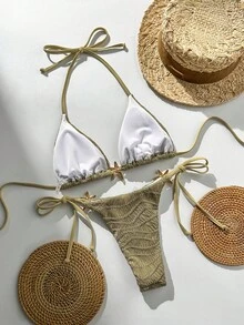 Swim Mod Women's Jacquard Fabric Halter Starfish Decor Bikini Set, Spring/Summer - Khaki - View 4