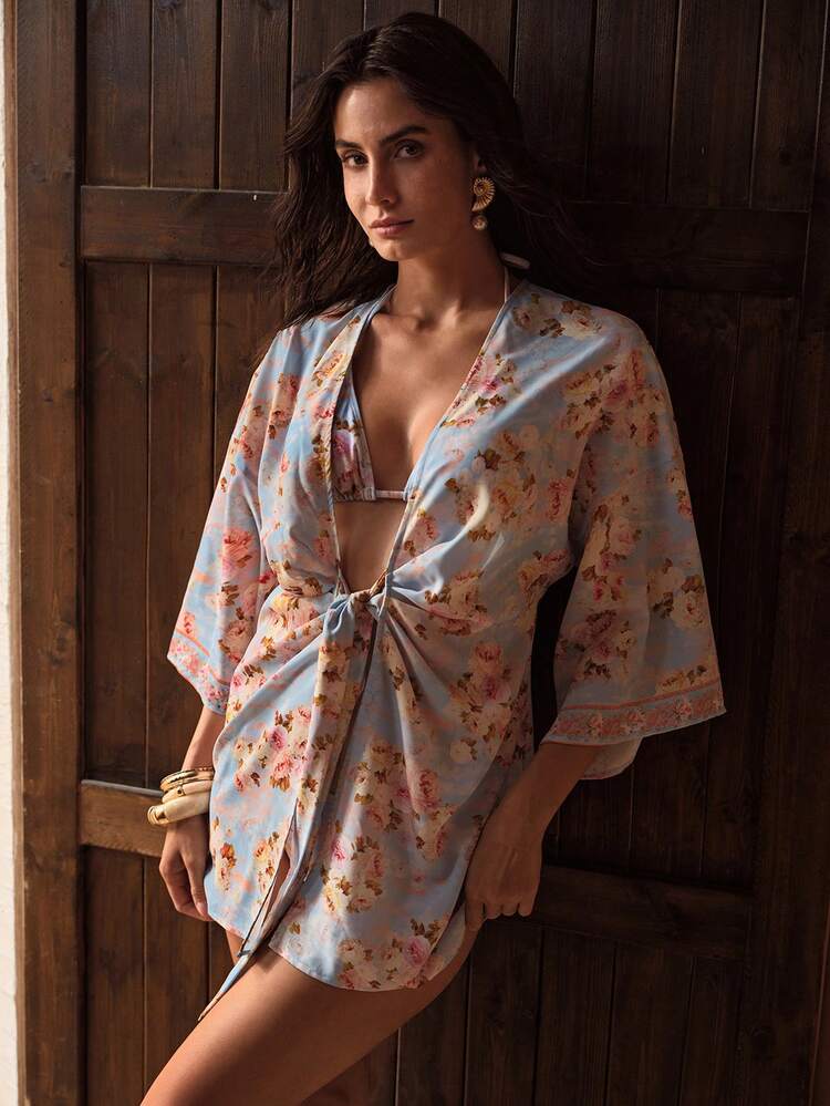 LIGHTWEIGHT ELEGANT BOHEMIAN DITSY FLORAL BOWKNOT TIE FRONT BEACH COVER UP KIMONO COVER UP FOR SUMMER VACATION