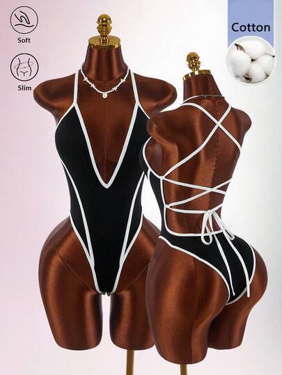 Amplova Black & White Low-Cut Waist Flattering Sexy Bodysuit For Women, Suitable For Vacation, Dates, Outings