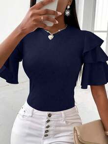 Cévolie Kaos Wanita Ukuran Besar Warna Polos Leher Bulat Pas Badan Kasual untuk Sehari-hari - Navy Blue - View 4
