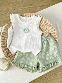 SHEIN Vintaside Kids 女婴可爱提花上衣和提花短裤套装，春夏女婴夏季服装，白色和绿色婴儿套装 - 彩色 - 查看 1