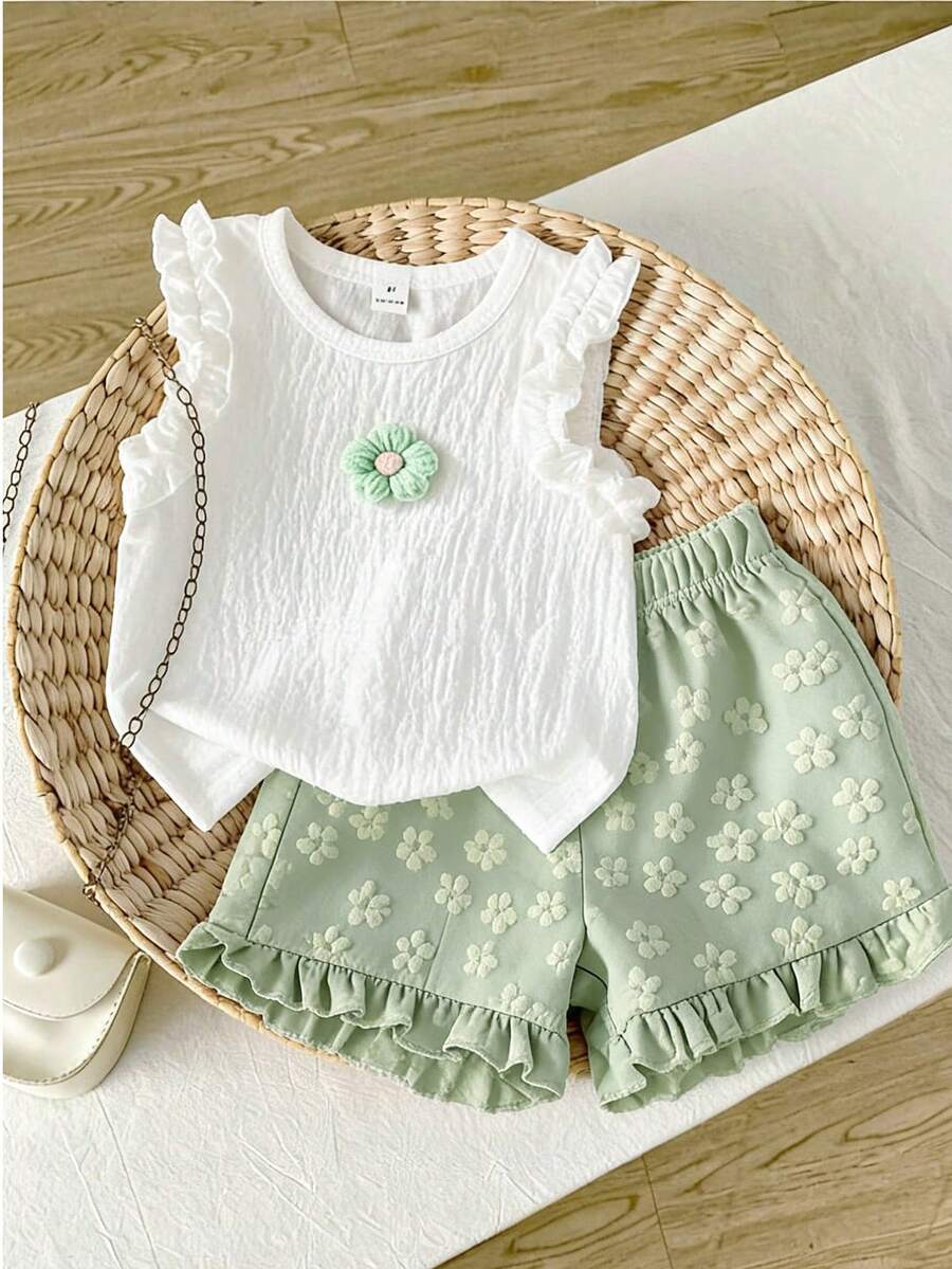 SHEIN Vintaside Kids 女婴可爱提花上衣和提花短裤套装，春夏女婴夏季服装，白色和绿色婴儿套装 - 彩色 - 查看 1