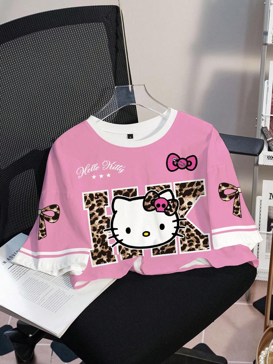 HELLO KITTY AND FRIENDS | SHEIN 女士休闲字母卡通印花圆领T恤,日常百搭 - 白色 - 查看 1