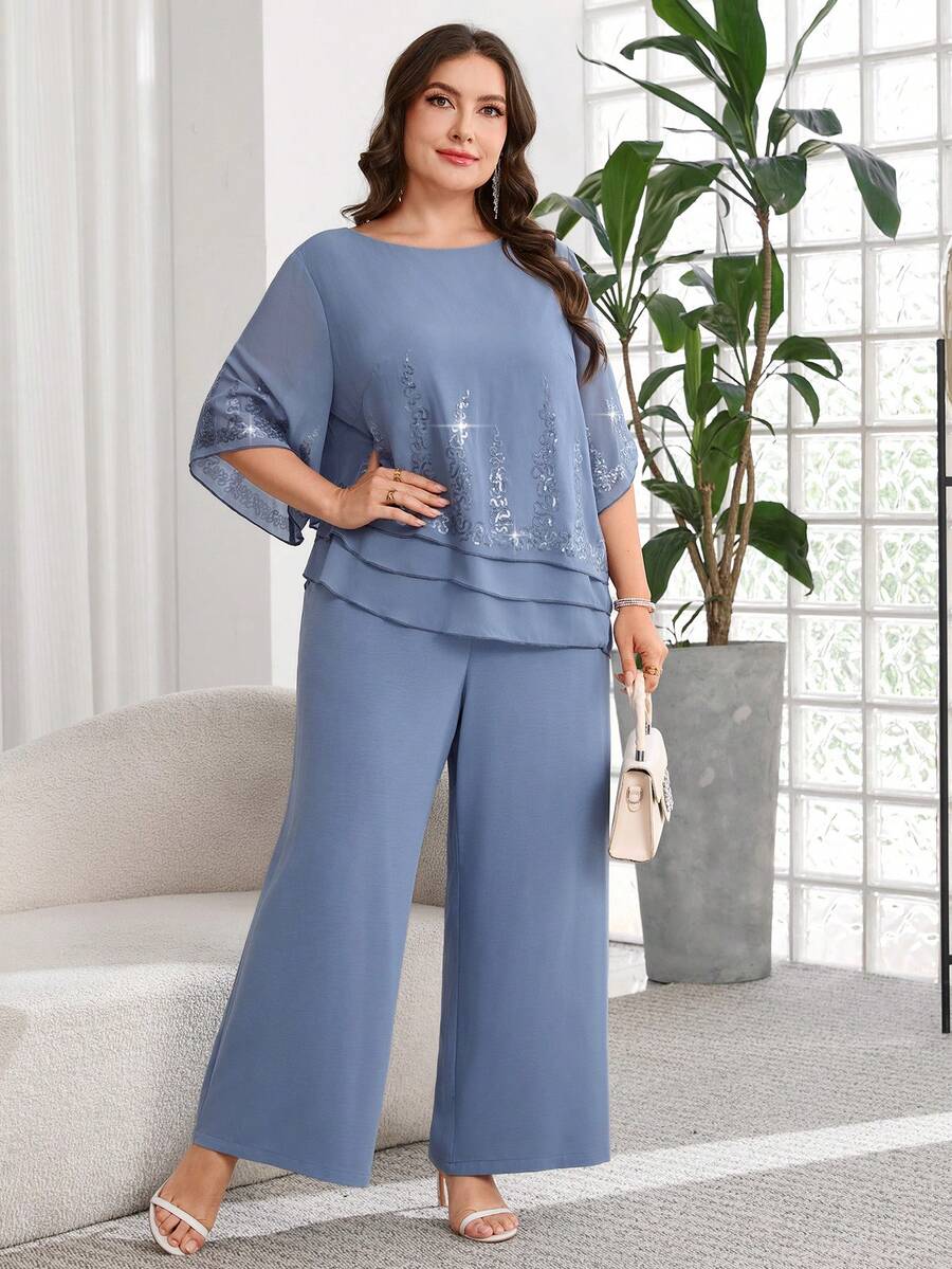 Reflora Plus Size Women Elegant 2 Pieces Set: Round Neck Half Sleeve Blouse And Wide Leg Pants Wedding Royal Blue Light Blue Summer - Blue - View 1