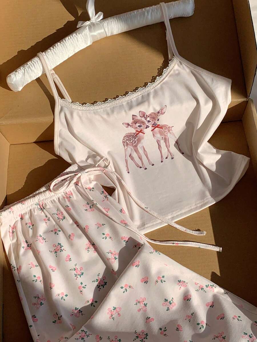Comfortcana 女士鹿纹印花吊带背心和裤子休闲两件套 - 彩色 - 查看 1