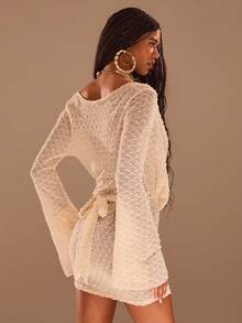 Opulessa Women's Solid Color Plunging Neck Long Sleeve Sheer Coverup Dress - Apricot - View 2