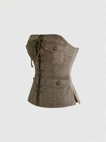 ROMWE Grunge Punk Áo sơ mi denim nữ gợi cảm với dây rút, nhiều túi, phong cách cổ điển retro. - xanh quân đội - Xem 5