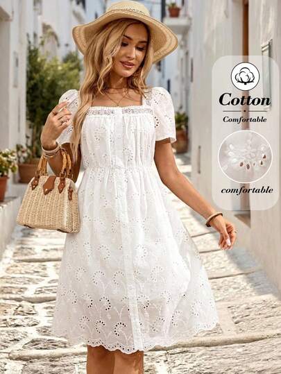 EMERY ROSE Women's Square Neck Hollow Out Embroidery Casual Cottage Core Short Sleeve Mini Dress Holiday Vacation White Floral Summer Summer Dress Elegant Ceremony Dress For Women