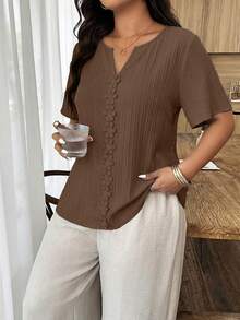 Weeklong Blusa holgada de manga corta con volantes y parches florales para mujer talla grande, primavera/verano - Marrón - Ver 5