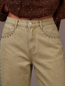 Athîral Denim Jeans anchos y sueltos de mujer con diseño de remaches y bolsillos - Marrón - Ver 5